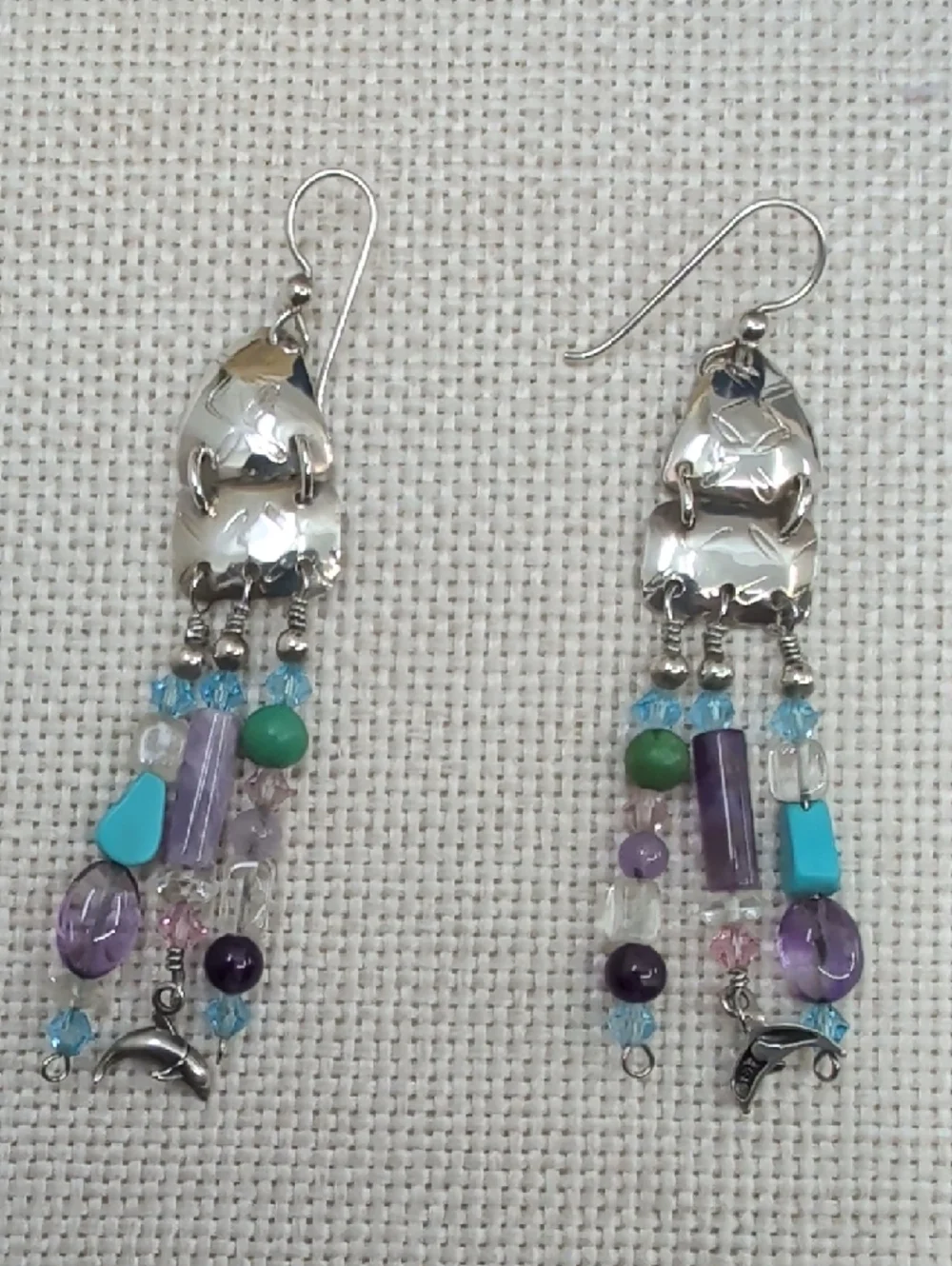Signed Sterling Silver Dolphin Artisan Chandelier Earrings FL Keys 1990s - Picture 4 of 17